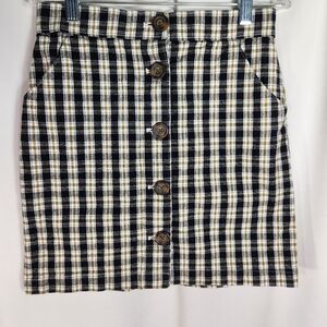 Hollister Black White Yellow Plaid Front Button Skirt w/Pockets Size XSmall